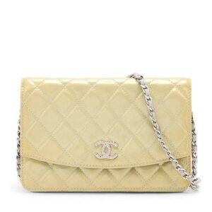Chanel CC Logo Matelasse Patent Leather Chain Wallet Yellow